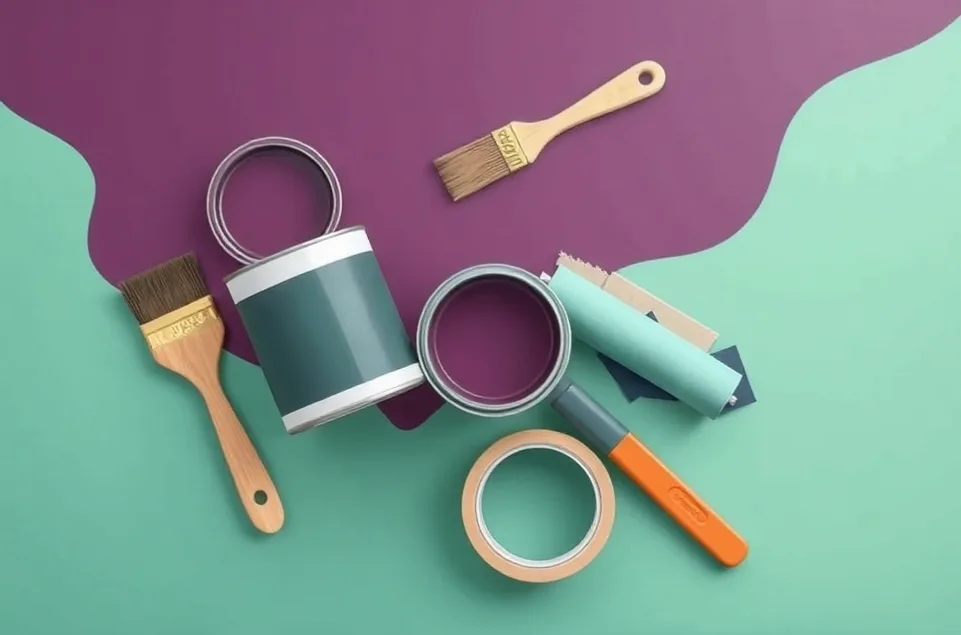 Pots de peinture, nuancier, brosses et rouleaux disposés à plat
