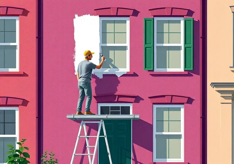 Peintre sur échafaudage traitant la façade d'une maison