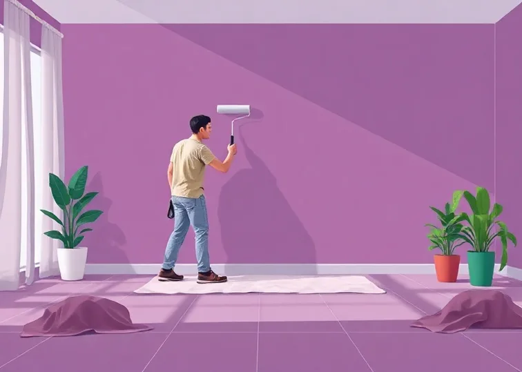 Peintre appliquant la peinture au rouleau sur un mur de salon